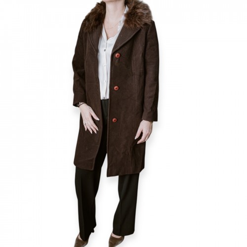 Γυναικείο Καφέ Παλτό Με Γούνινο Γιακά Και Κουμπιά Σε Κόκκινους Τόνους