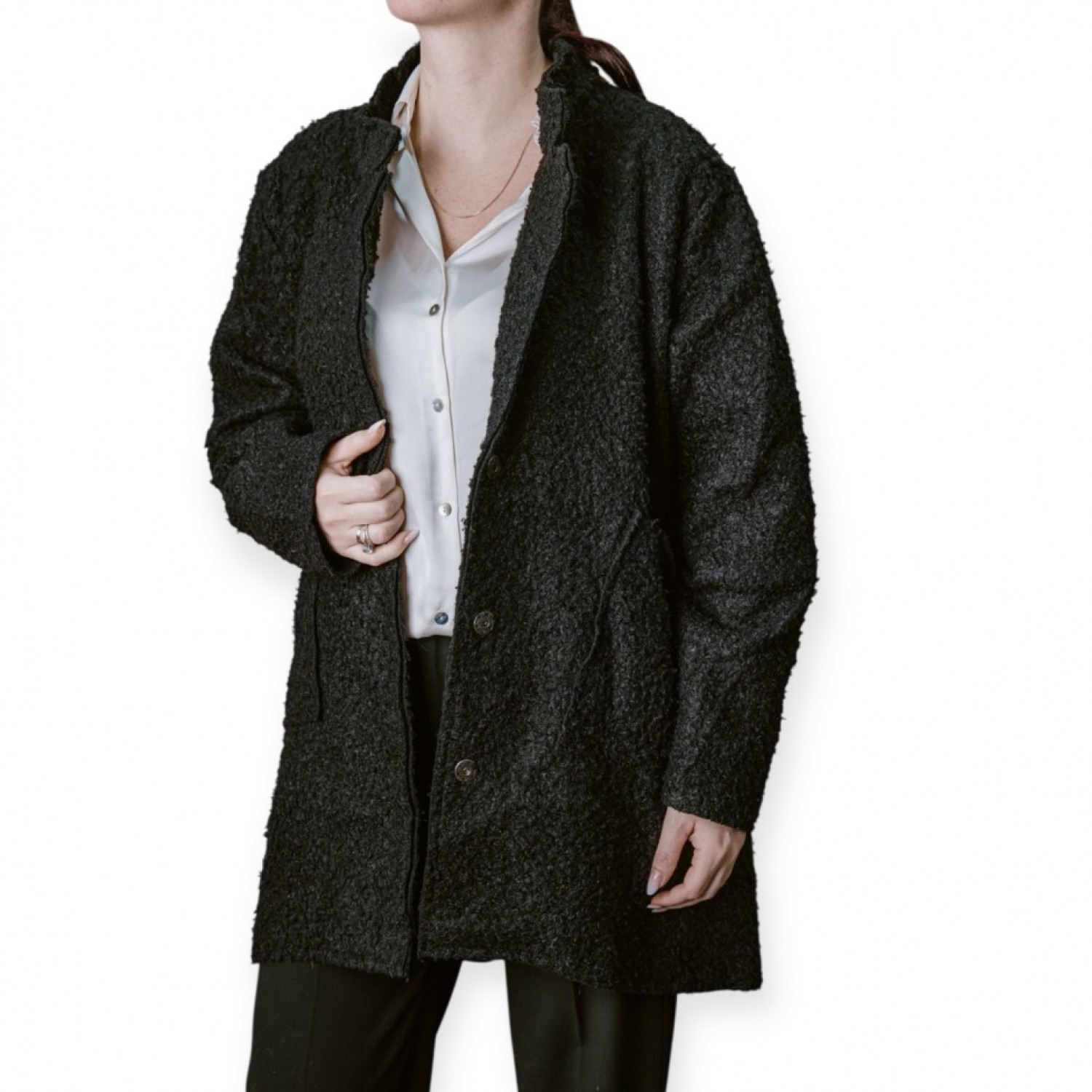 Γυναικείο Μαύρο Μπουκλέ Παλτό Με Κουμπιά