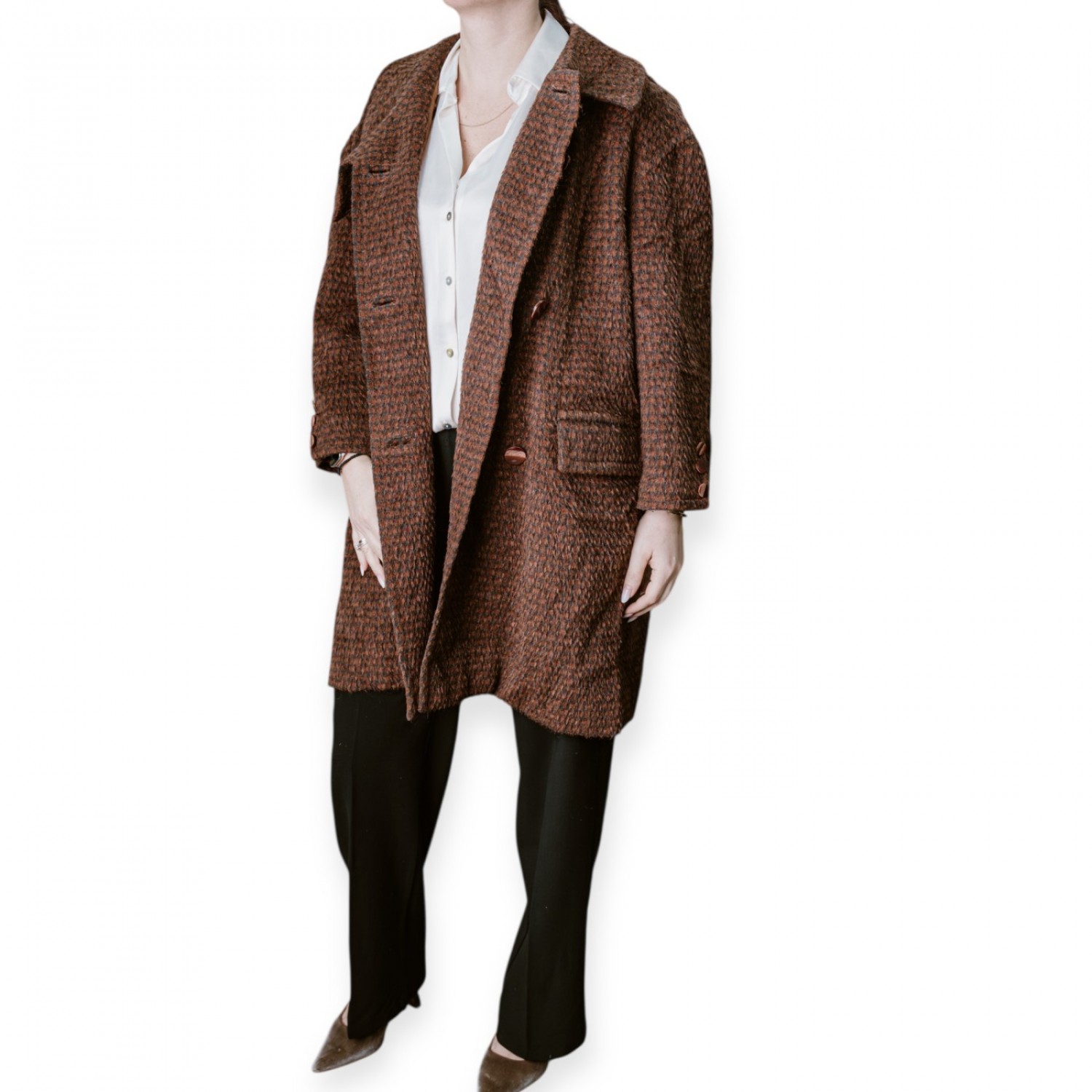 Γυναικείο Μάλλινο Παλτό Σε Καφέ-Μπορντό Ύφανση Με Oversized Γραμμή