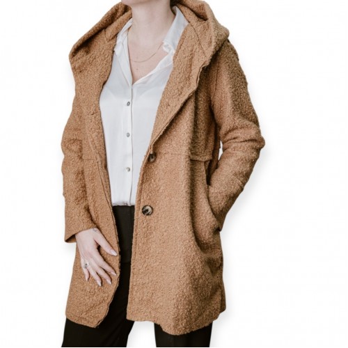 Γυναικείο Μπουκλέ Παλτό Με Κουκούλα Σε Καμηλό Απόχρωση