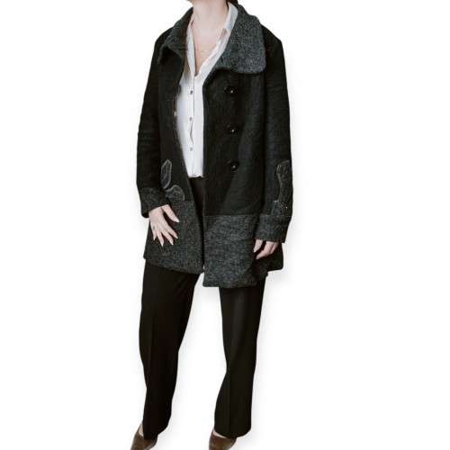 Γυναικείο Μάλλινο Παλτό Σε Δίχρωμο Γκρι Mε Διακοσμητικές Λεπτομέρειες