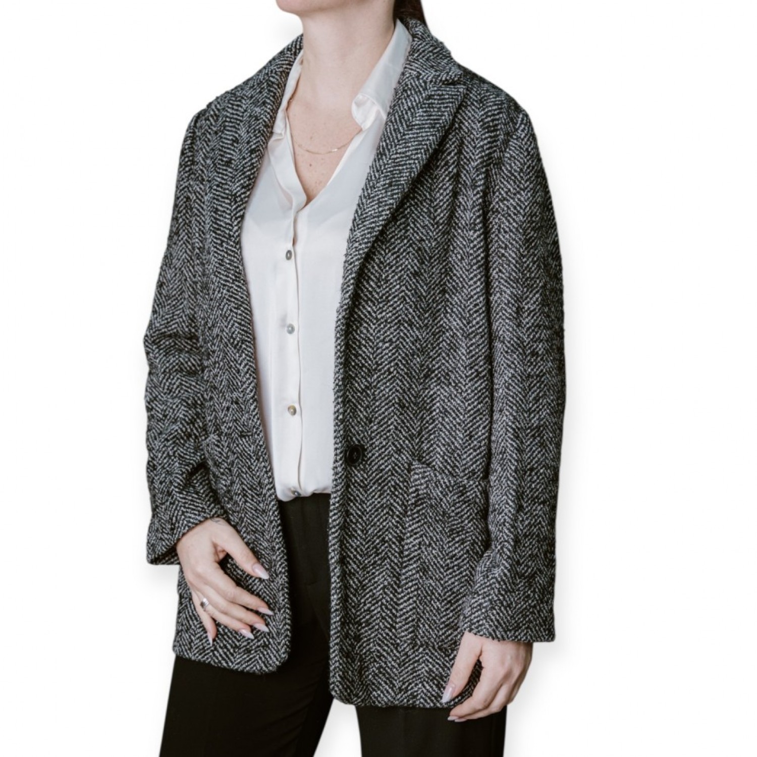 Γυναικείο Παλτό Ψαροκόκκαλο Σε Γκρι Απόχρωση