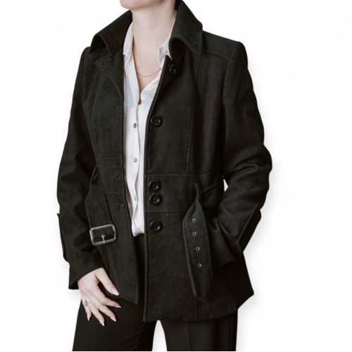 Γυναικείο Μαύρο Κοντό Παλτό Με Ζώνη & Διακοσμητικές Λεπτομέρειες