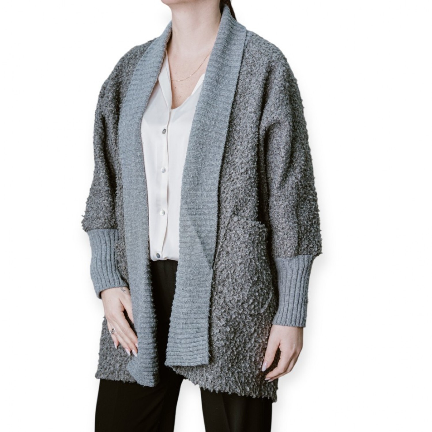 Γυναικείο Παλτό Με Ριμπ Γιακά – Γκρι