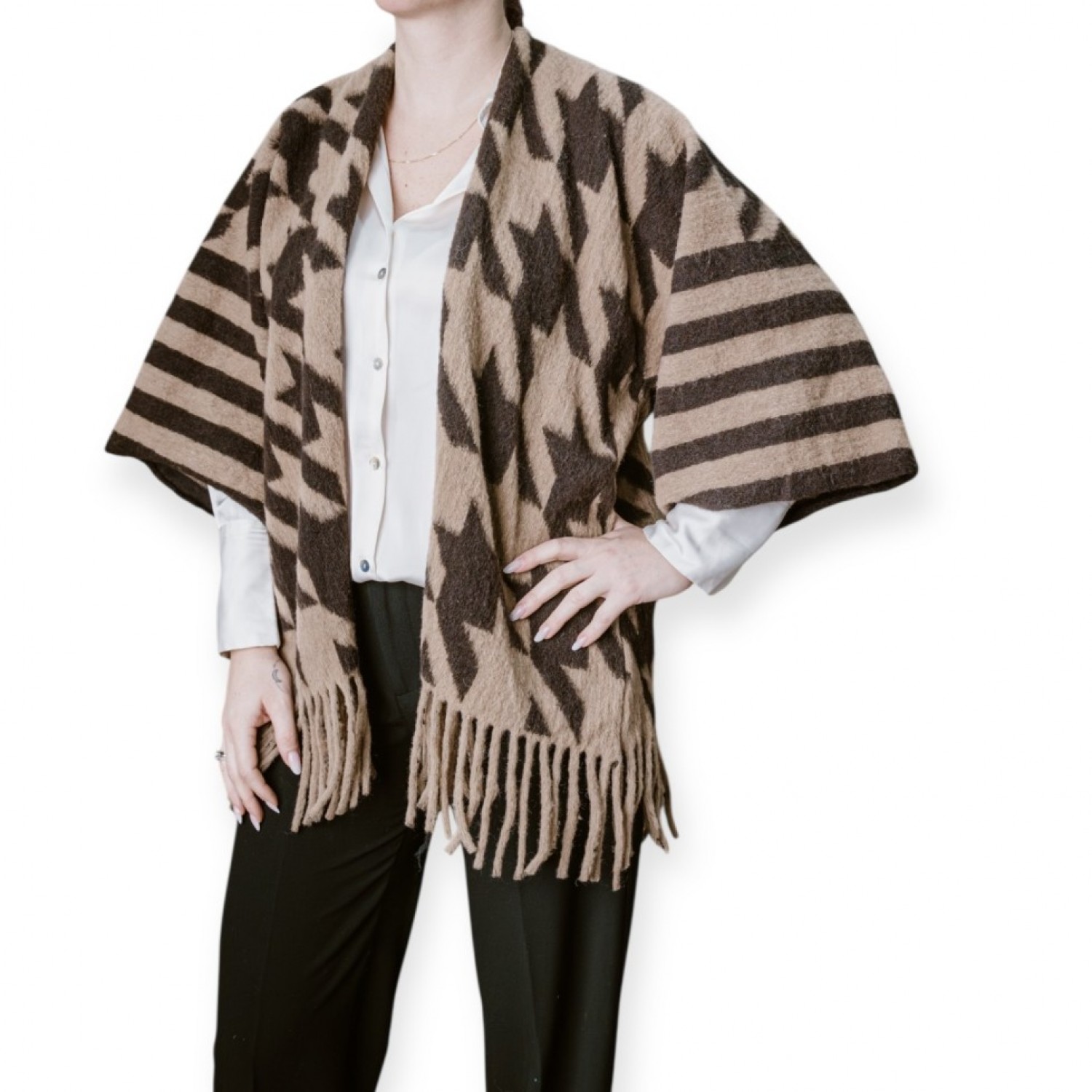 Ζακέτα Παλτό Με Γεωμετρικό Σχέδιο Και Φούντες