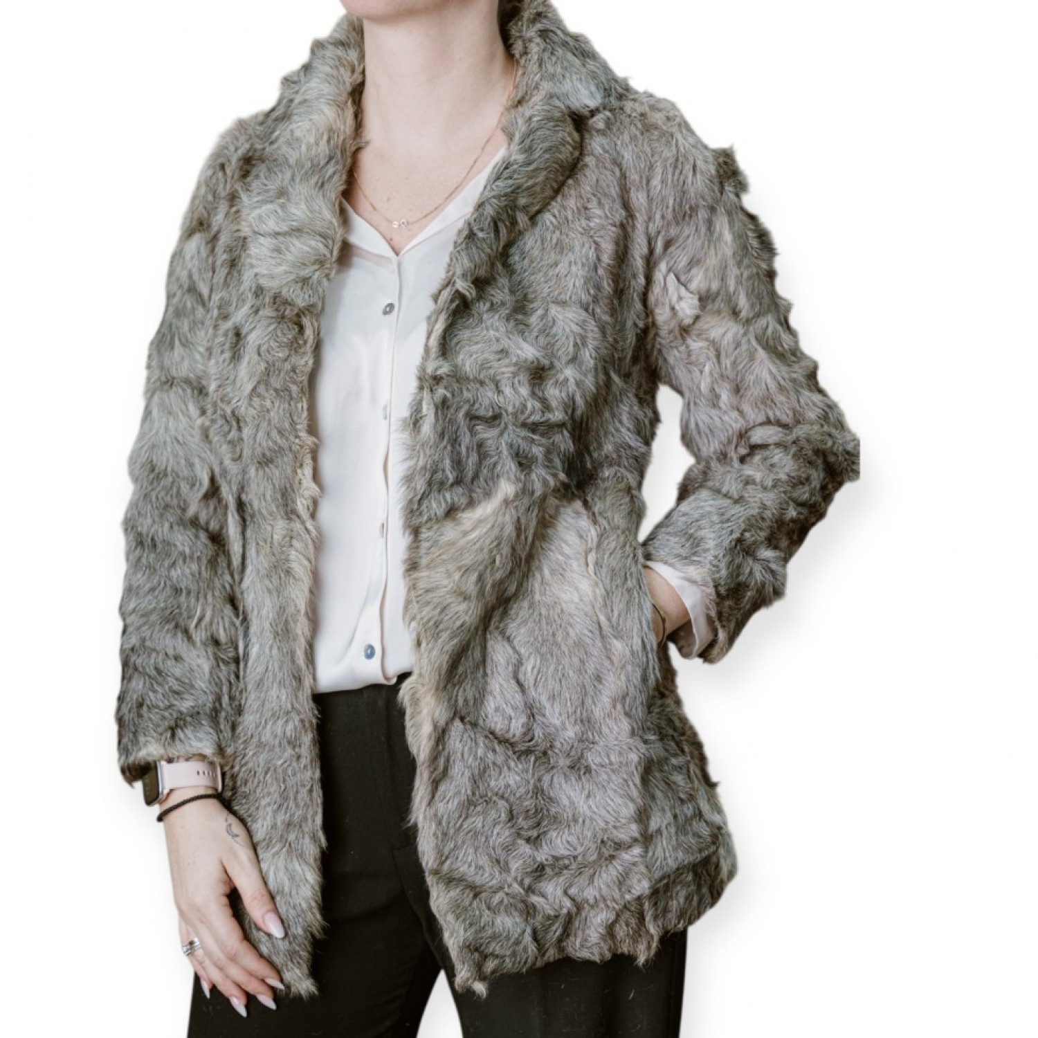 Γυναικείο Γκρι Παλτό Γούνας Με Ανάγλυφη Υφή